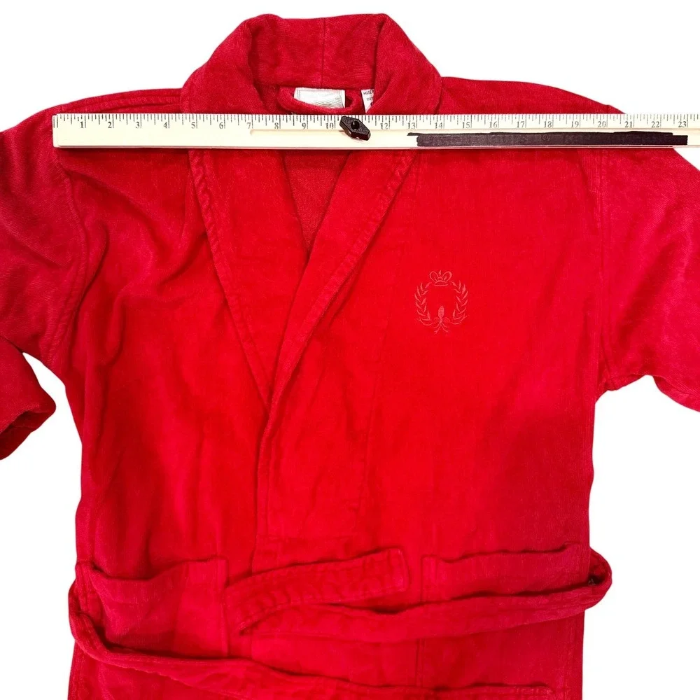 TJ Lawford Red Turkish Cotton Terry Cloth Robe Shawl Collar Crest Loungewear S/M